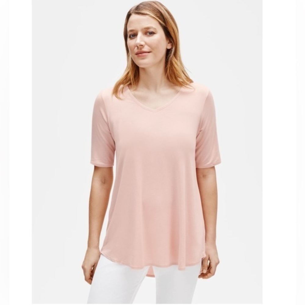 Eileen Fisher Pink fine tencel tunic Relaxed Short Sleeve Tee rounded v neck